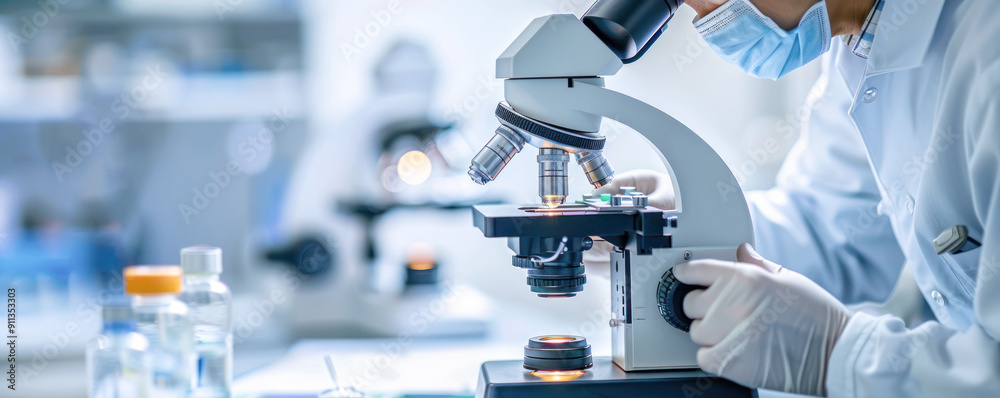 Scientist wearing a mask and gloves working with a microscope in a laboratory. Scientist wearing a mask and gloves working with a microscope in a laboratory.