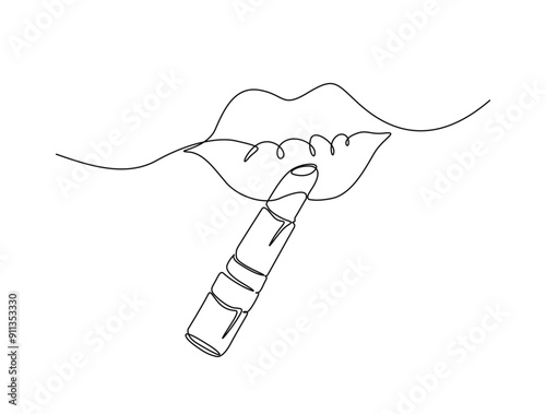 Continuous one line drawing of sexy lips with lipstick. Lipstick on lips single line vector illustration.