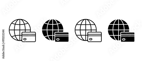 Online payment icon vector set. Bank card with globe symbol