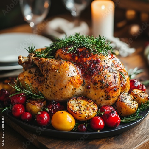 Thanksgiving Turkey with Vegetables on Wooden Table