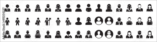Businessman icon set. Business woman icons. User icon. Professional company person or worker symbol. Anonymous profile sign. Vector stock icons set in flat solid style.