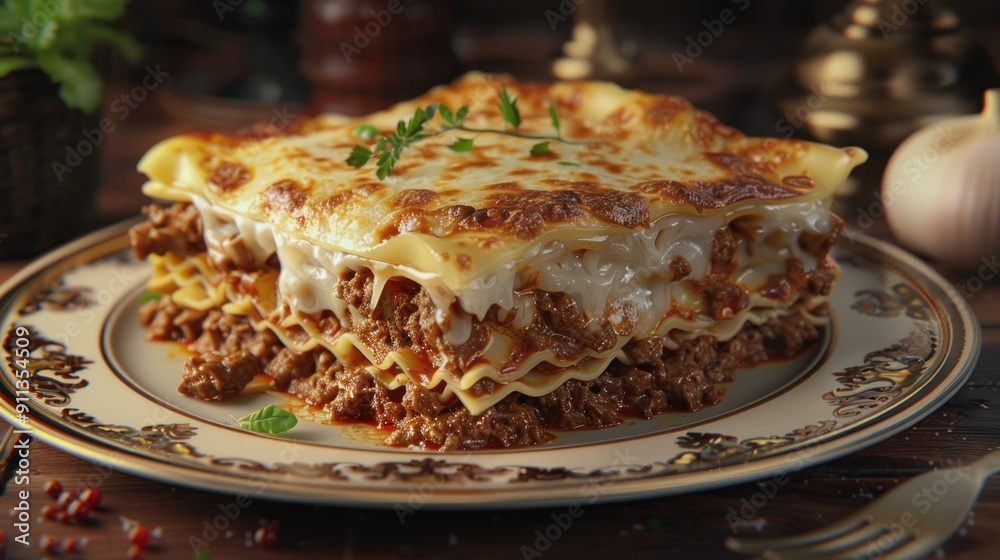 A Plate of Lasagna with Melted Cheese and Meat Sauce A Plate of Lasagna with Melted Cheese and Meat Sauce