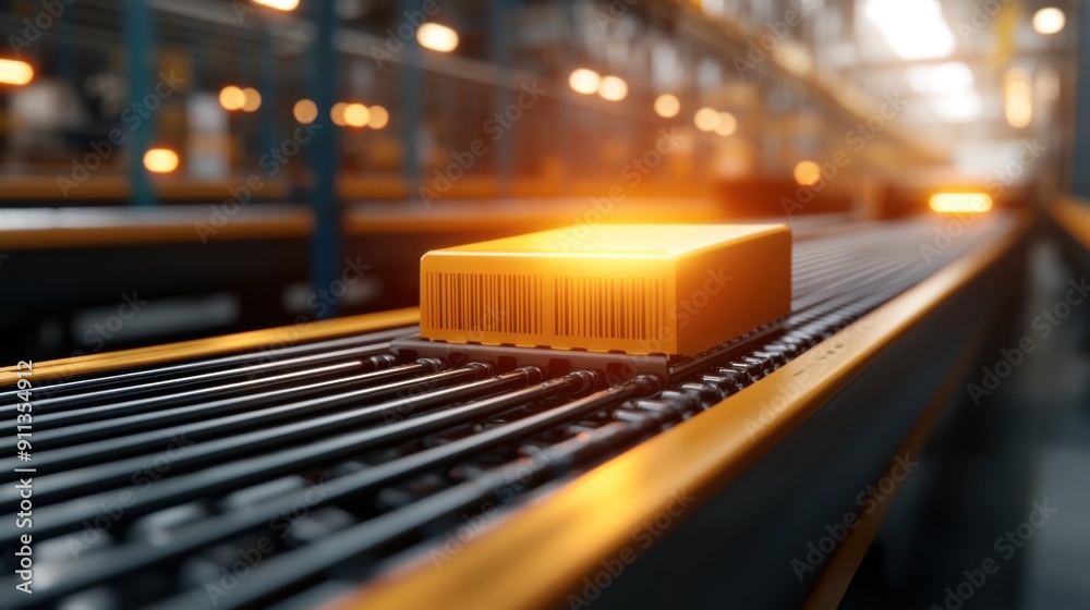 A brightly lit warehouse scene featuring a single box on a conveyor belt, showcasing modern logistics and automation processes. A brightly lit warehouse scene featuring a single box on a conveyor belt, showcasing modern logistics and automation processes.