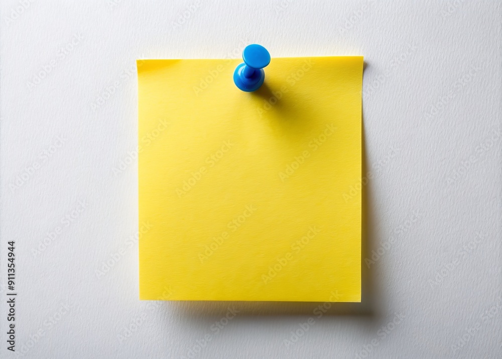Vibrant yellow square sticky note is securely fastened to a pristine white wall using a small blue plastic pin, creating a pop of color. Vibrant yellow square sticky note is securely fastened to a pristine white wall using a small blue plastic pin, creating a pop of color.