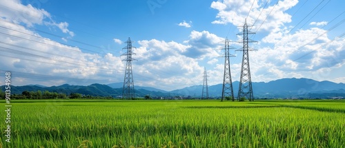 Power Towers in Vast Grassland against Blue Sky