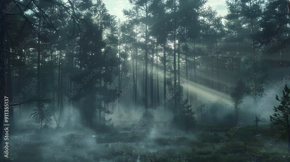 Fototapeta premium Sunlight Through Foggy Forest