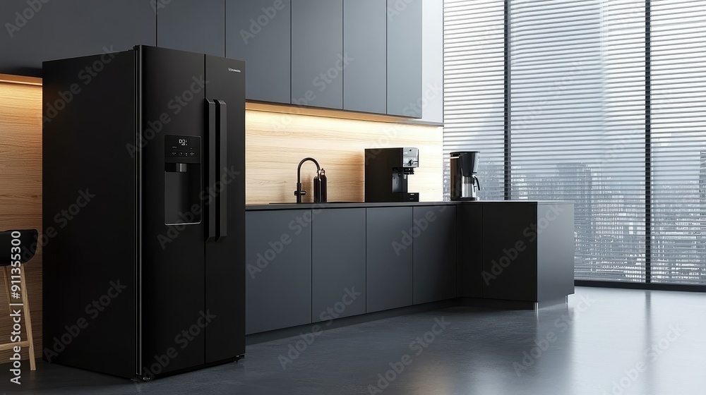 A contemporary kitchen showcases a black refrigerator and various stylish appliances set against a minimalist design with wooden cabinetry and large windows