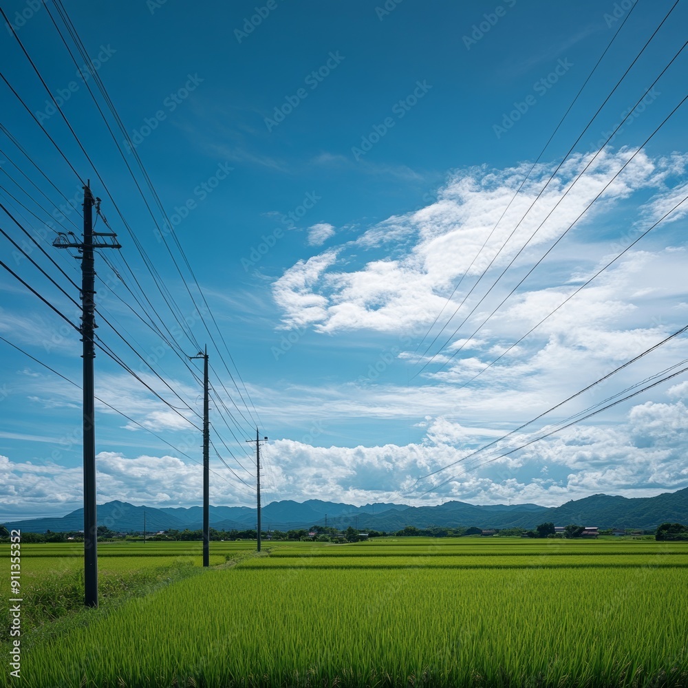Power Towers in Vast Grassland against Blue Sky Power Towers in Vast Grassland against Blue Sky