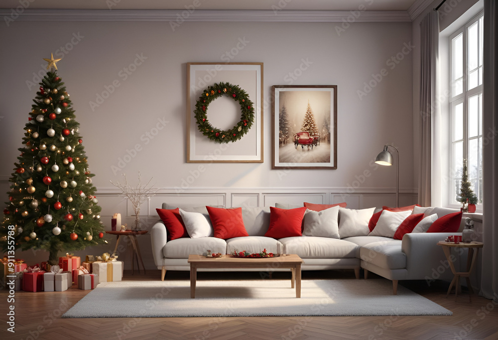 blank mockup frame in the living room with romantic decoration christmas, sofa white, red pillows, tree christmas in room, space written blank blank mockup frame in the living room with romantic decoration christmas, sofa white, red pillows, tree christmas in room, space written blank
