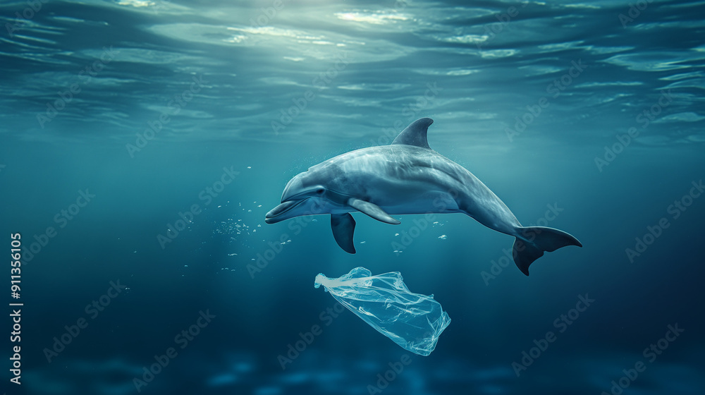 A dolphin swimming with a polythene bag in a polluted ocean. Sea microplastic pollution, environmental problems, global environmental changes. A dolphin swimming with a polythene bag in a polluted ocean. Sea microplastic pollution, environmental problems, global environmental changes.