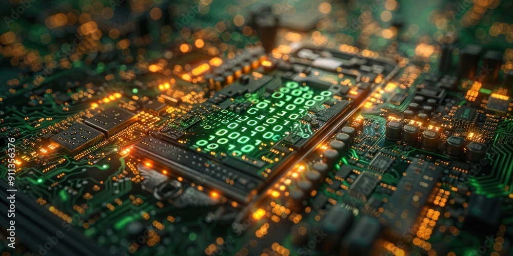 Obraz premium Circuit Board with glowing digital code