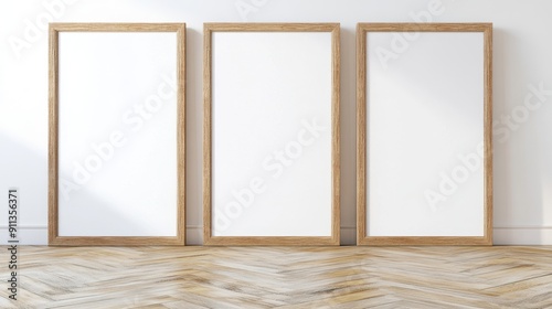 Three vertical wooden frame posters on a wooden floor with a white wall, 3D rendered.
