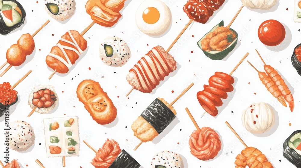 Vector icons of Japanese street food, including takoyaki, taiyaki, and yakitori, arranged in a seamless pattern for food-related designs Vector icons of Japanese street food, including takoyaki, taiyaki, and yakitori, arranged in a seamless pattern for food-related designs