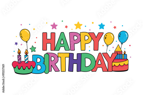 Colorful Happy Birthday typography vector illustration for kids' birthday card design.