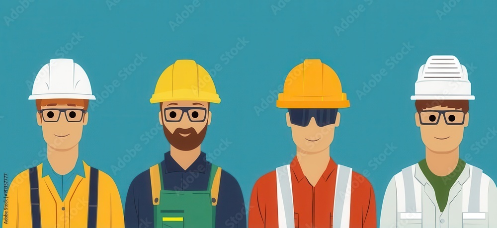 Four diverse construction workers wearing different helmets and safety gear, showcasing teamwork and professionalism in industry. Four diverse construction workers wearing different helmets and safety gear, showcasing teamwork and professionalism in industry.