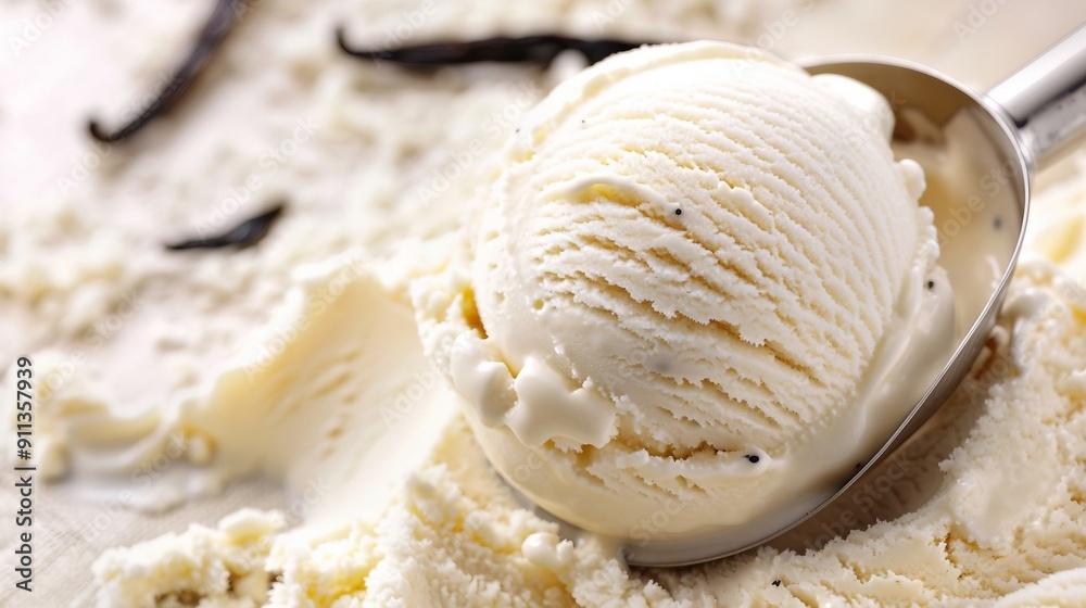 Close-Up of Vanilla Ice Cream Scoop with Vanilla Beans in Background. Generative AI Close-Up of Vanilla Ice Cream Scoop with Vanilla Beans in Background. Generative AI