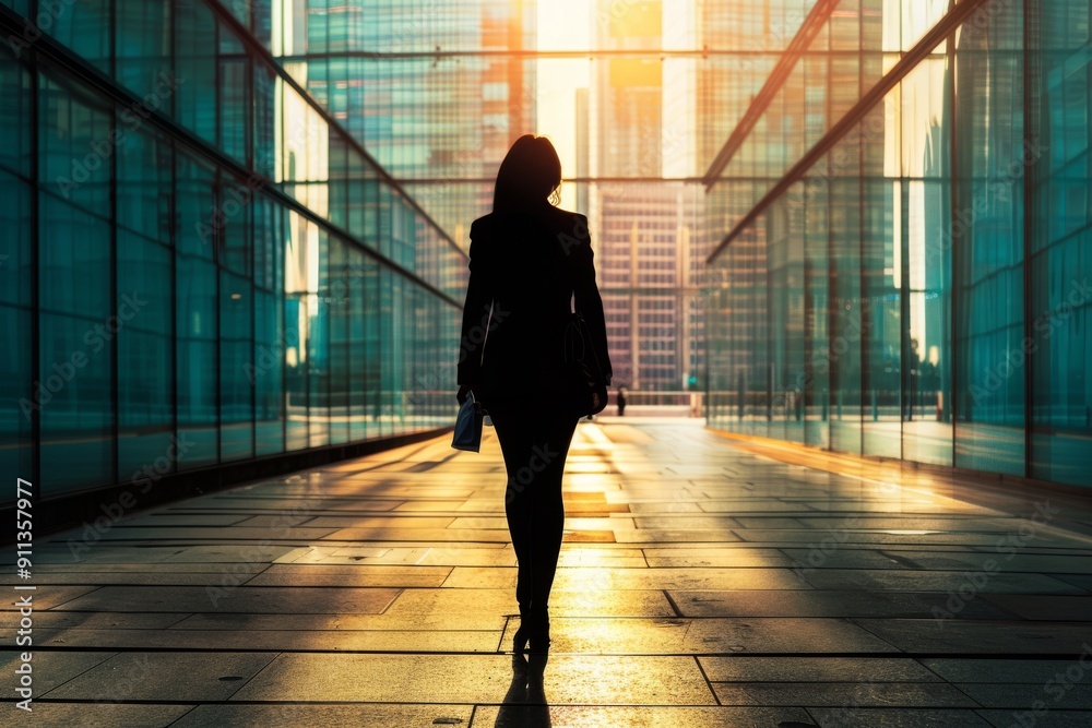 Fototapeta premium Silhouette of a Businesswoman Walking in a Modern Urban Setting