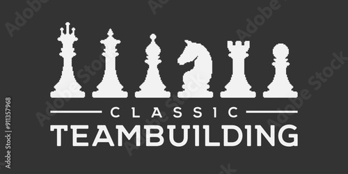 Black and white pixel art flat simple vector illustration of classic teambuilding chess pieces emblem. 8bit retro video game style. Chess pieces king, queen, bishop, knight, rook, castle, pawn
