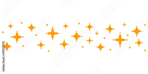 Pixel art flat simple vector illustration of golden sparkling stars seamless border. 8bit retro video game style. Horizontal starry line