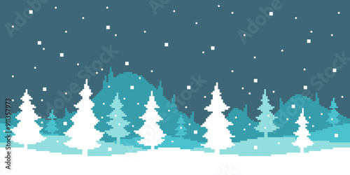 Colorful pixel art flat simple vector illustration of cartoon winter vibe landscape of fir trees, snowfall, hills and mountains. 8bit retro video game style. Seamless horizontal background