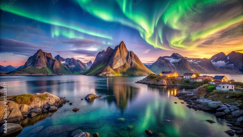 custom made wallpaper toronto digitalSerene landscape of Lofoten Islands' majestic rock formation under the vibrant hyper-northern light of midnight sun, with no human presence, exuding adventure and solitude.