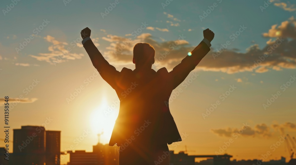 Businessman Celebrating Success with Raised Arms Businessman Celebrating Success with Raised Arms