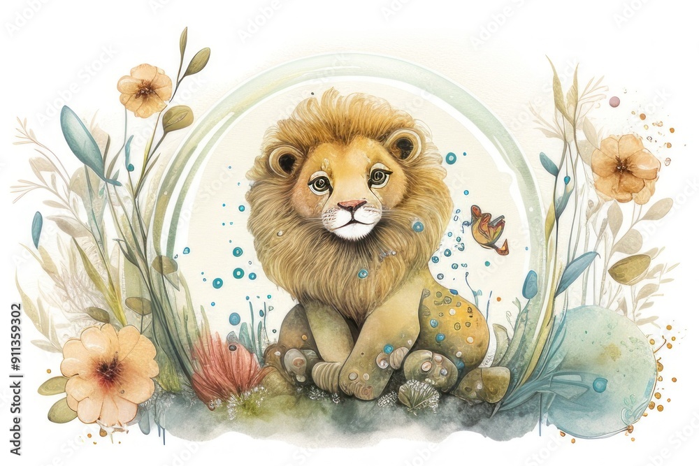 Watercolor Illustration of a Lion Cub Surrounded by Flowers and Butterflies Watercolor Illustration of a Lion Cub Surrounded by Flowers and Butterflies