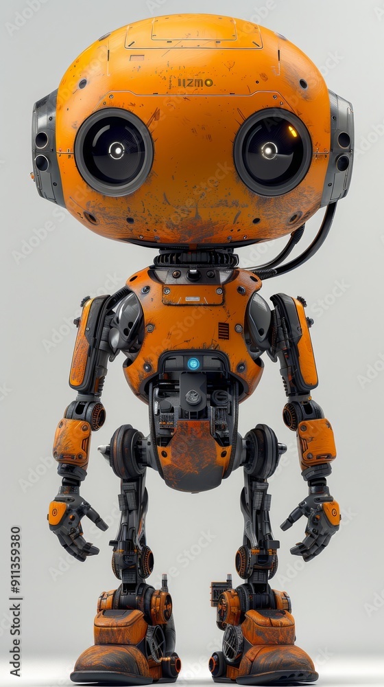 Detailed robotic figure with an orange and black color scheme, showcasing intricate components and a futuristic design against a white background. Detailed robotic figure with an orange and black color scheme, showcasing intricate components and a futuristic design against a white background.