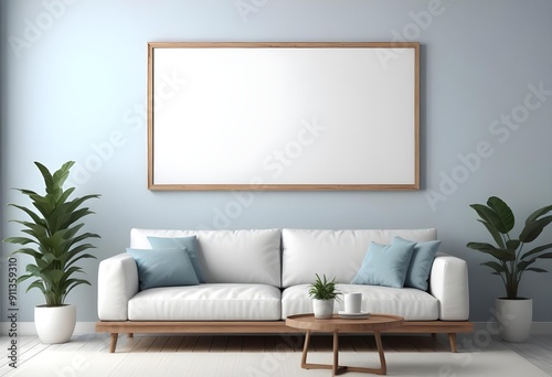 A modern living room with a white sofa, wooden coffee table, and a large blank frame on the wall