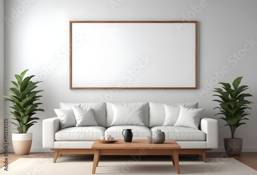 A modern living room with a white sofa, wooden coffee table, and a large blank frame on the wall