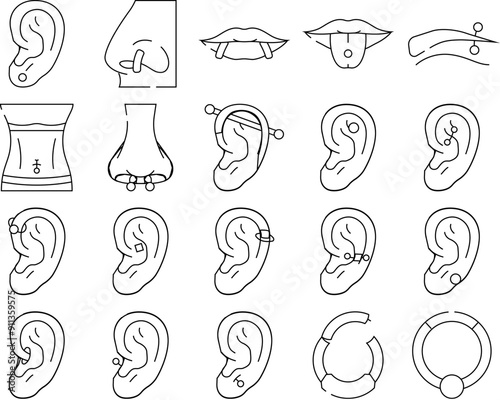 piercing ring earring nose icons set vector. metal jewelry, body pierce, nipple silver, hoop face, jewellery ear, navel piercing ring earring nose black contour illustrations