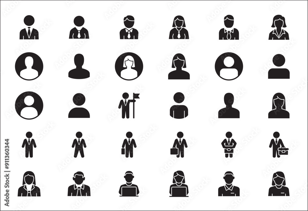 Businessman icon set. Business woman icons. User icon. Professional company person, worker, entrepreneur symbol. Anonymous profile sign. Vector stock icons set in flat solid style. Businessman icon set. Business woman icons. User icon. Professional company person, worker, entrepreneur symbol. Anonymous profile sign. Vector stock icons set in flat solid style.