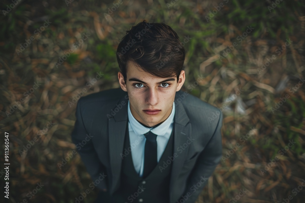 Top-down perspective of a young man in a suit. Top-down perspective of a young man in a suit.