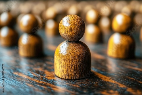 Standing Out: A lone wooden figurine stands tall amidst a sea of identical figures, symbolizing individuality and standing out from the crowd. A powerful metaphor for leadership, uniqueness, and indiv photo