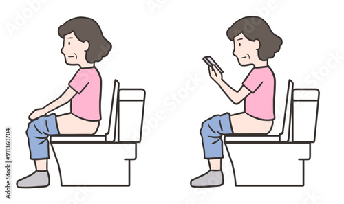 トイレに座る女性とトイレでスマホを見る中年女性のセットイラスト