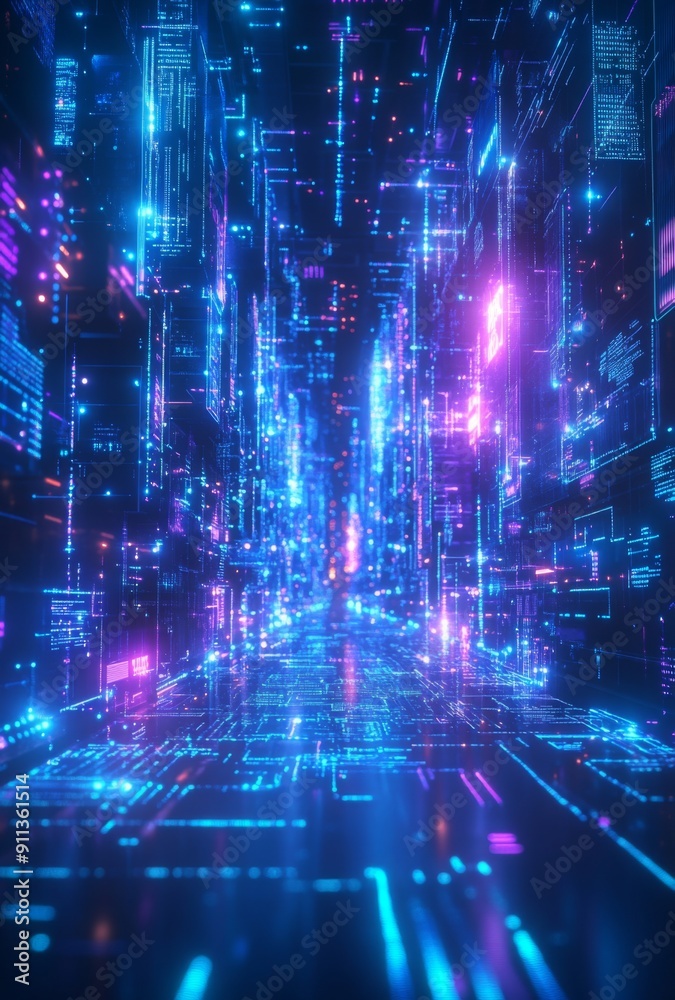 Obraz premium A complex data visualization in a cyberpunk style, featuring interconnected blue and purple circuits, abstract data waves, and a high tech atmosphere