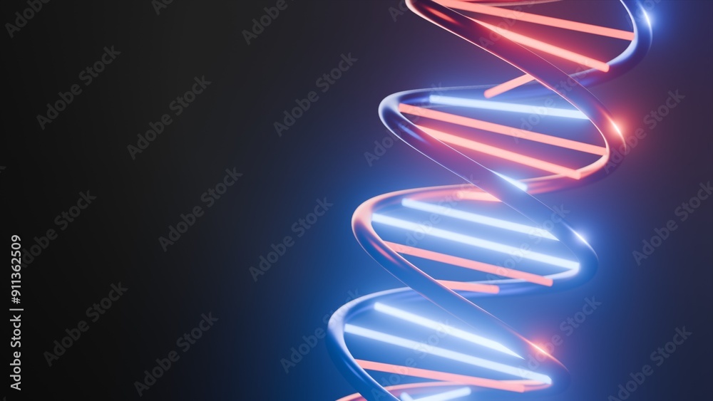 Experience the captivating visuals of a stunning 3D DNA double helix, beautifully illuminated by neon lights, celebrating the essence of life and the wonders of science and discovery Experience the captivating visuals of a stunning 3D DNA double helix, beautifully illuminated by neon lights, celebrating the essence of life and the wonders of science and discovery