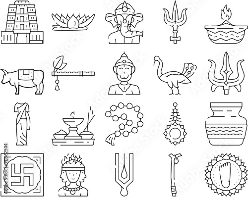 hinduism hindu god om icons set vector. india krishna, sculpture indian, statue lord, vishnu religion, vedic deity hinduism hindu god om black contour illustrations