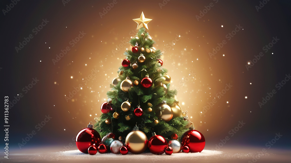 Christmas Baubles Tree and Blurred Shiny Lights background