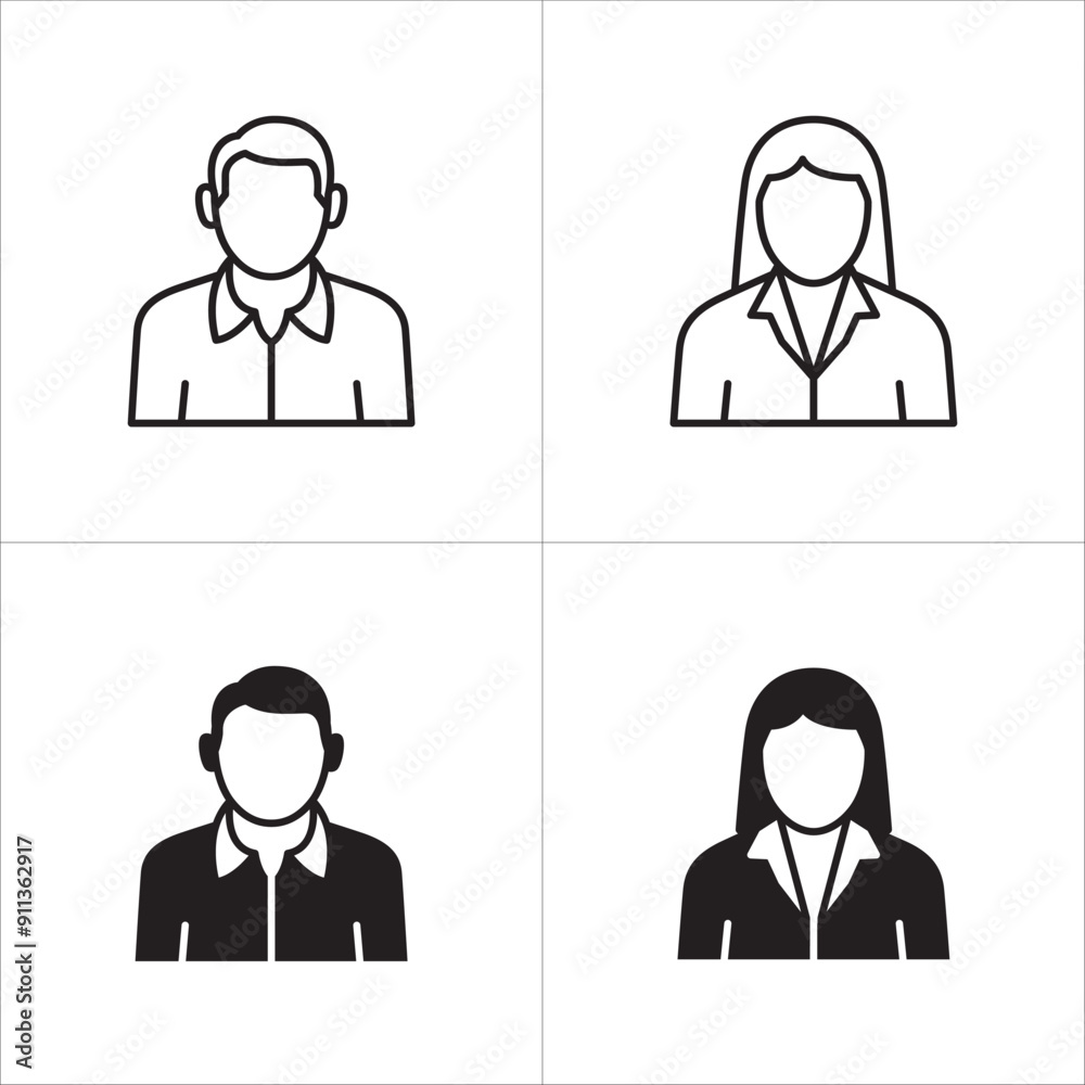 Businessman icon set. Business woman icons. User icon. Professional company person or worker symbol. Anonymous profile sign. customer service symbols. Vector stock icons set in thin line style. Businessman icon set. Business woman icons. User icon. Professional company person or worker symbol. Anonymous profile sign. customer service symbols. Vector stock icons set in thin line style.