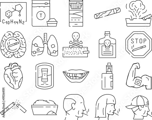 nicotine tobacco unhealthy icons set vector. health product, danger snus, chemical pouch, box lifestyle, cigarette smoking nicotine tobacco unhealthy black contour illustrations