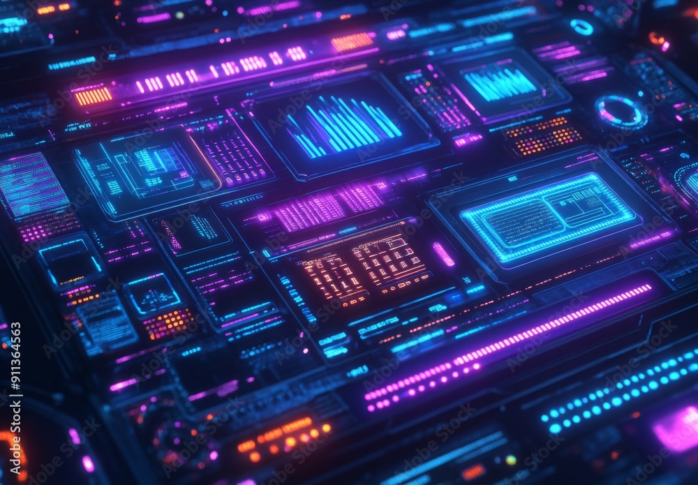 A high tech cyberpunk data dashboard with glowing blue and purple circuits, intricate data nodes, and pulsating abstract data streams A high tech cyberpunk data dashboard with glowing blue and purple circuits, intricate data nodes, and pulsating abstract data streams