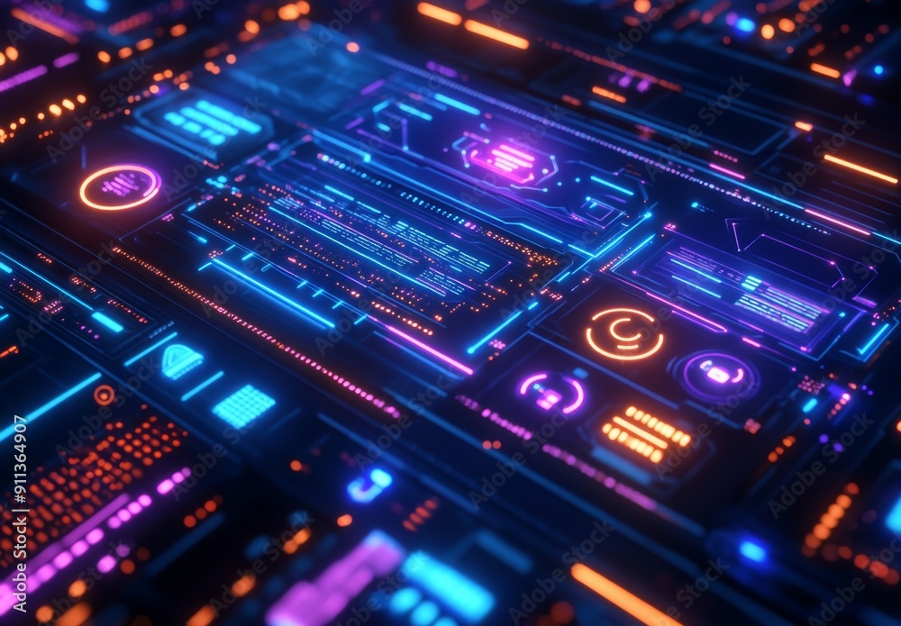 A high tech cyberpunk data dashboard with glowing blue and purple circuits, intricate data nodes, and pulsating abstract data streams A high tech cyberpunk data dashboard with glowing blue and purple circuits, intricate data nodes, and pulsating abstract data streams