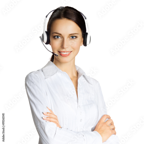 Call center help line service. Studio portrait image of customer support phone sales operator in headset, isolated over white background. Happy smiling young business woman. Female caller worker.