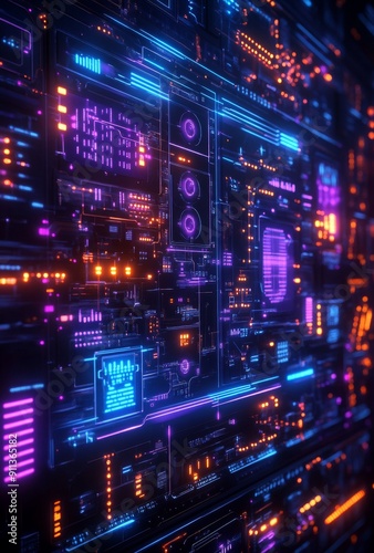 A high tech cyberpunk data dashboard with glowing blue and purple circuits, intricate data nodes, and pulsating abstract data streams