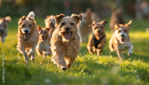 Highquality 8K image of dogs running in a park, capturing the essence of fun and freedom, realistic textures, vibrant green surroundings, detailed fur, sunlight enhancing the scene