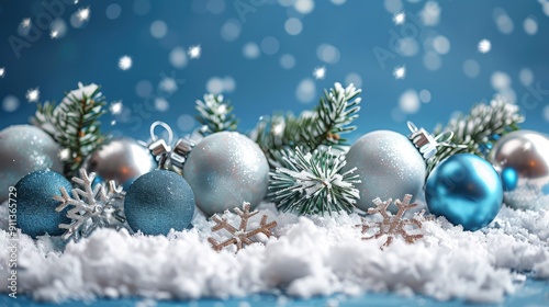 blue christmas background with snowflakes and christmas balls. Copy space backgrounds