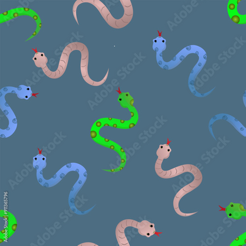 Seamless pattern with cute different snakes. Vector illustration in simple modern boho style, Bright animal pattern, Fun background with reptiles, Exotic print of jungle snakes, Children's cartoon orn