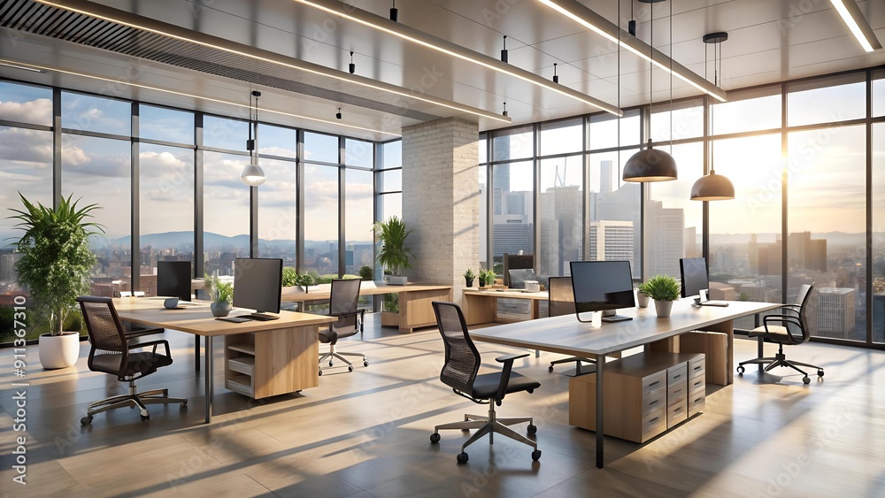 Zenith: A Modern Office Bathed in Sunlight with Expansive Windows and Sleek, Minimalist Furniture Generative AI Zenith: A Modern Office Bathed in Sunlight with Expansive Windows and Sleek, Minimalist Furniture Generative AI