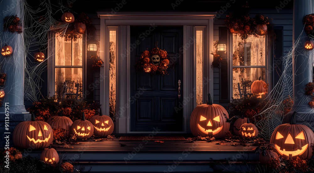 Obraz premium Halloween decorations on the front porch of an old house, with pumpkins and spider webs everywhere, lit with cinematic lighting, creating a spooky atmosphere for a night scene